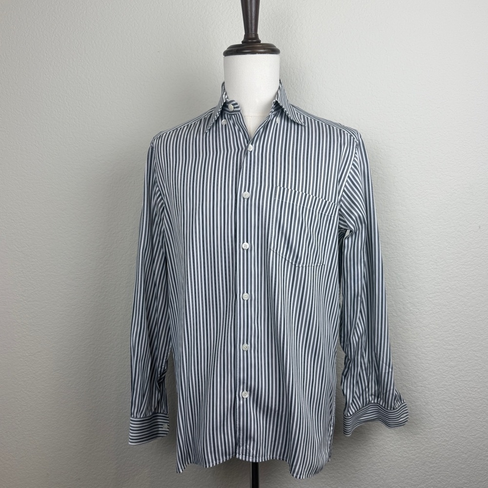 Ermengildo Zegna Men’s Long Sleeve Button Down | Green Striped | Medium